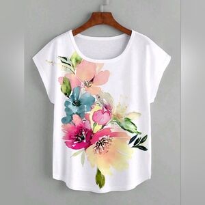 White Floral Watercolor Scoop Neck Women's Top NIP
